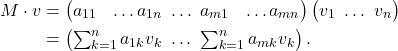 \begin{equation*}\begin{split}M \cdot v &= \begin{pmatrix} a_{11} & \ldots a_{1n} \ \ldots \ a_{m1} & \ldots a_{mn} \end{pmatrix}\begin{pmatrix} v_1 \ \ldots \ v_n \end{pmatrix} \\&=\begin{pmatrix} \sum_{k=1}^n a_{1k} v_k \ \ldots \ \sum_{k=1}^n a_{mk} v_k \end{pmatrix}.\end{split}\end{equation*}